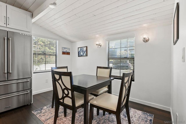 dining space featuring dark wood-type flooring, wooden ceiling, and lofted ceiling