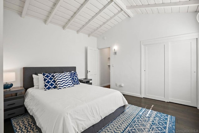 bedroom featuring wood ceiling, beamed ceiling, dark hardwood / wood-style flooring, and high vaulted ceiling