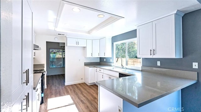 kitchen featuring kitchen peninsula, a raised ceiling, sink, white cabinetry, and light hardwood / wood-style floors