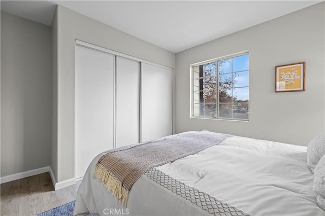 bedroom featuring wood-type flooring and a closet