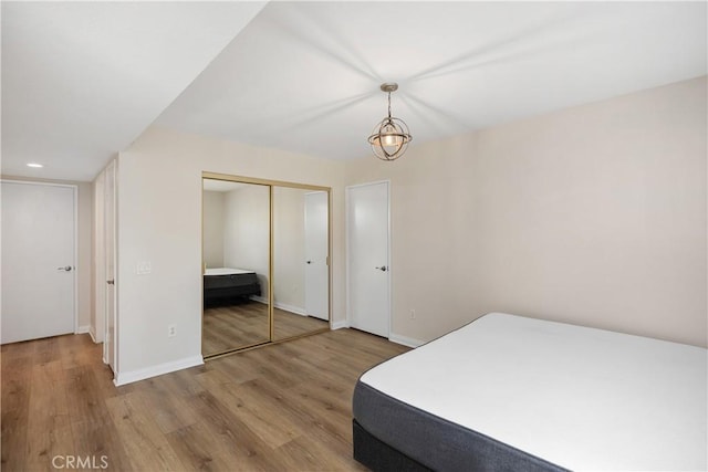 bedroom featuring wood-type flooring and a closet