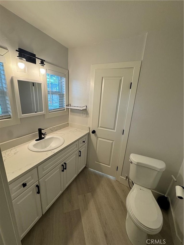 bathroom featuring toilet, wood finished floors, and vanity