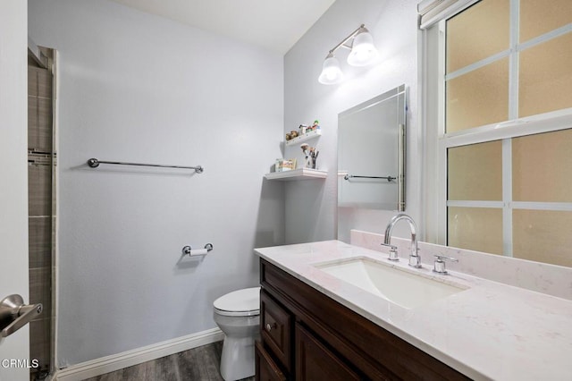 bathroom with wood-type flooring, toilet, and vanity