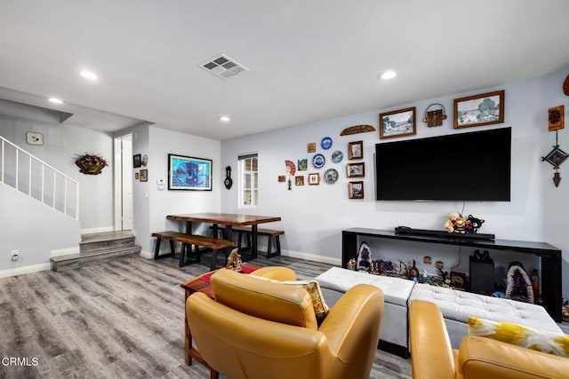 11300 Foothill Blvd Unit 72, Sylmar, CA 91342 - living area with stairs, wood finished floors, and recessed lighting