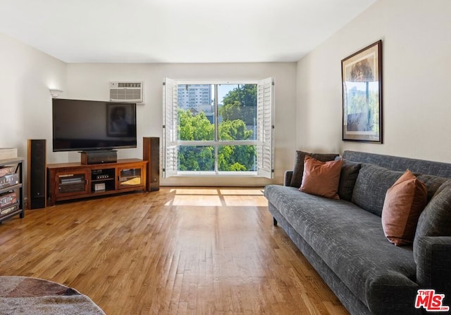 living room featuring hardwood / wood-style floors and a wall mounted air conditioner