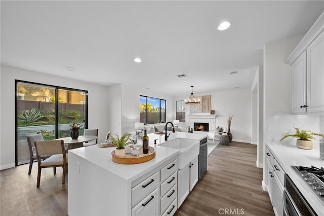 kitchen with sink, a center island with sink, white cabinets, and decorative backsplash