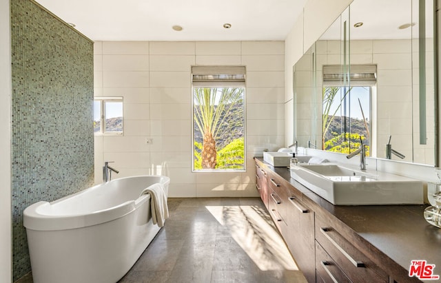 bathroom with a washtub and vanity