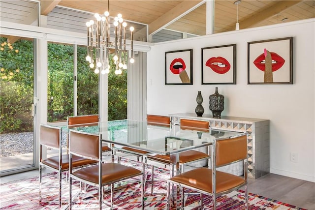 interior space with wood ceiling, beam ceiling, and an inviting chandelier