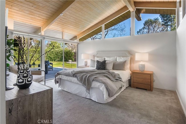 bedroom with access to outside, carpet, high vaulted ceiling, and beam ceiling