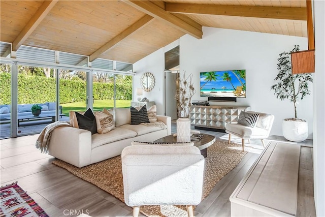 living room with wooden ceiling, hardwood / wood-style floors, and vaulted ceiling with beams