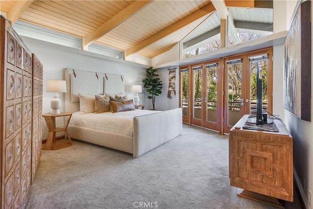 carpeted bedroom featuring high vaulted ceiling, access to exterior, wooden ceiling, and beamed ceiling