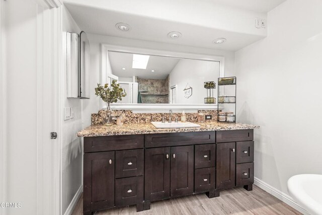 bathroom featuring wood-type flooring, a shower, and vanity