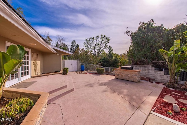 view of patio / terrace featuring a gate, an outdoor kitchen, and fence