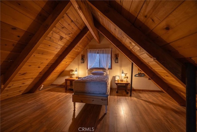 bonus room featuring wood-type flooring, vaulted ceiling with beams, and wood ceiling