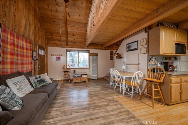 living room featuring lofted ceiling with beams, wooden ceiling, and light wood-type flooring