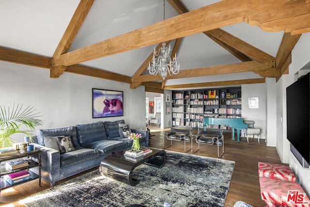 living room with a chandelier, built in shelves, high vaulted ceiling, beam ceiling, and dark hardwood / wood-style floors