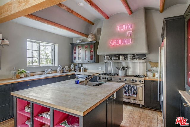 kitchen with exhaust hood, light hardwood / wood-style floors, sink, high end stainless steel range oven, and a center island with sink