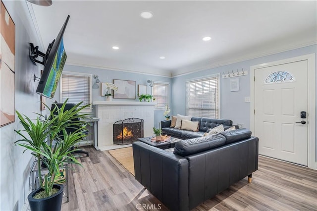 living room with crown molding, a fireplace, and light hardwood / wood-style floors