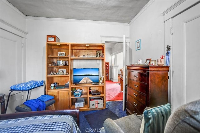 carpeted living room with crown molding