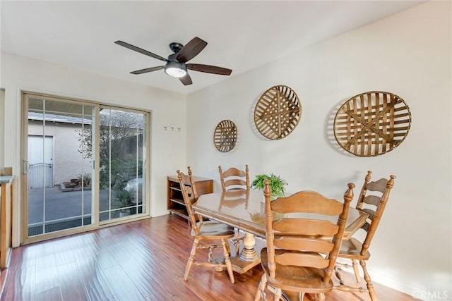 dining area with ceiling fan and wood-type flooring