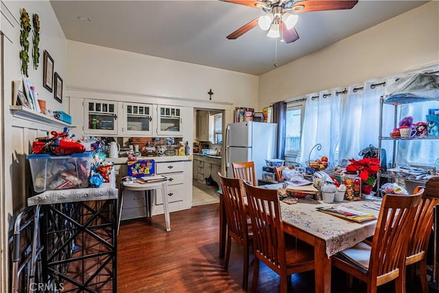 dining room with ceiling fan and dark wood-type flooring