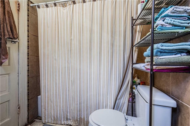 bathroom with toilet and a shower with curtain