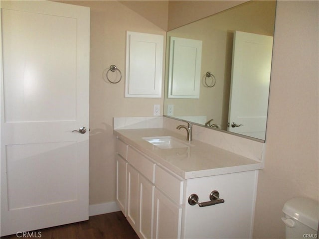 bathroom featuring vanity, toilet, and hardwood / wood-style floors