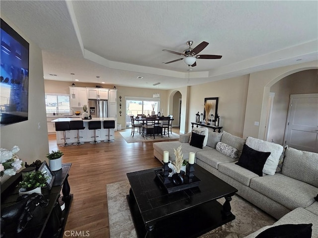 living room featuring a wealth of natural light, a raised ceiling, and light wood-type flooring