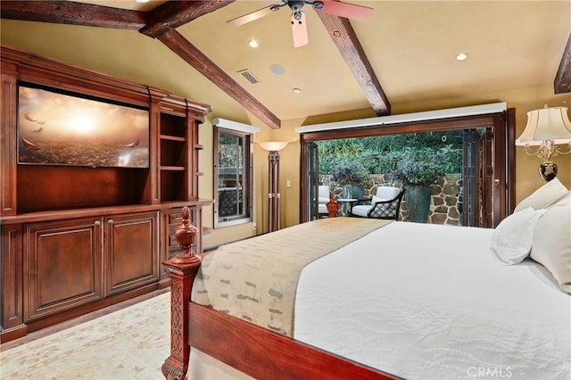 bedroom with access to exterior, vaulted ceiling with beams, and ceiling fan