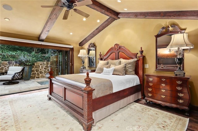 bedroom featuring access to exterior, wood-type flooring, lofted ceiling with beams, and ceiling fan