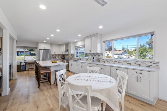 kitchen featuring white cabinets, a center island, a healthy amount of sunlight, backsplash, and stainless steel refrigerator