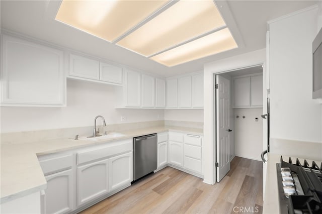 kitchen with sink, white cabinets, light hardwood / wood-style flooring, and stainless steel dishwasher