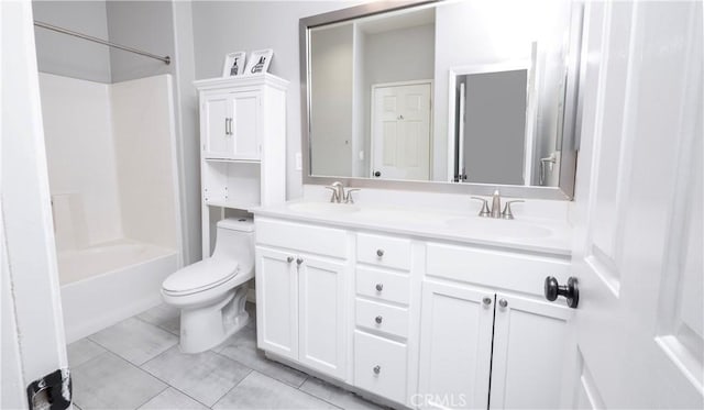 full bathroom with vanity, toilet,  shower combination, and tile patterned flooring