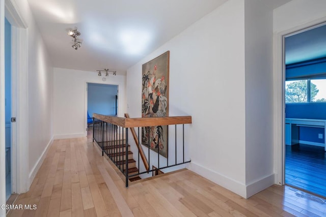 hallway with light hardwood / wood-style flooring and rail lighting