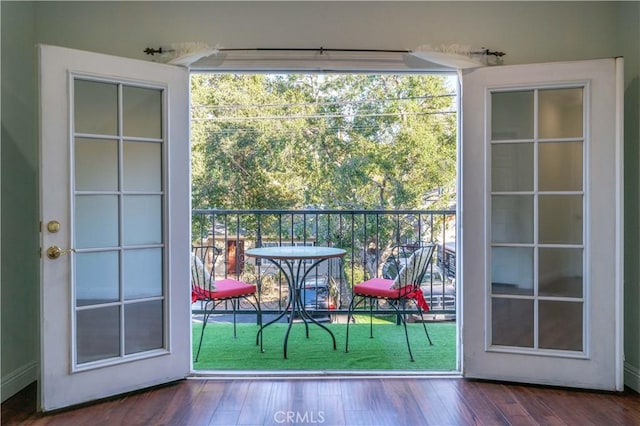 doorway to outside featuring dark wood-type flooring