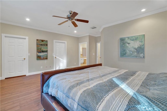 bedroom featuring ceiling fan, hardwood / wood-style floors, and crown molding