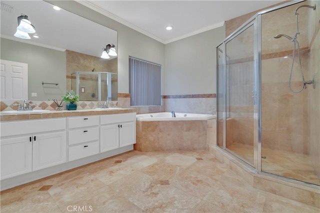 bathroom featuring crown molding, vanity, and shower with separate bathtub