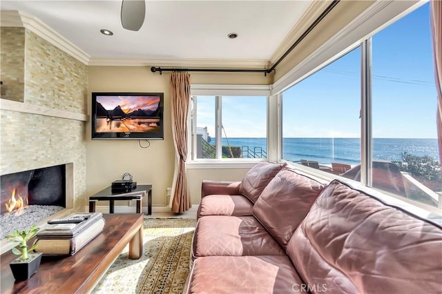150 Cress St, Laguna Beach, CA 92651 - living room with a fireplace, baseboards, and ornamental molding