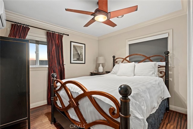 150 Cress St, Laguna Beach, CA 92651 - bedroom with a ceiling fan, ornamental molding, wood finished floors, a wall mounted air conditioner, and baseboards