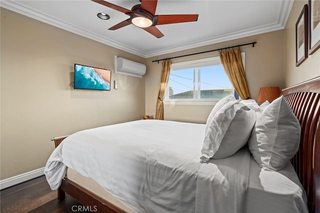 150 Cress St, Laguna Beach, CA 92651 - bedroom with crown molding, a ceiling fan, a wall mounted AC, wood finished floors, and baseboards