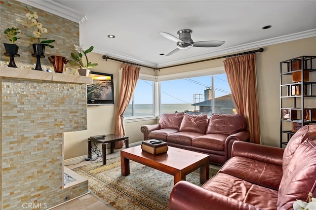 150 Cress St, Laguna Beach, CA 92651 - tiled living area with ceiling fan, baseboards, ornamental molding, and recessed lighting