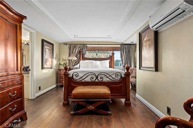 150 Cress St, Laguna Beach, CA 92651 - bedroom featuring crown molding, a wall mounted air conditioner, baseboards, and dark wood-style flooring