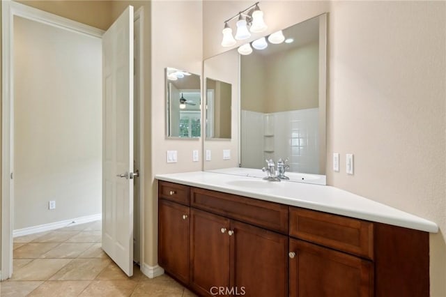 bathroom featuring vanity, ceiling fan, and tile patterned floors