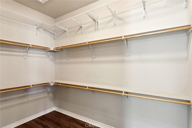 spacious closet with dark hardwood / wood-style flooring