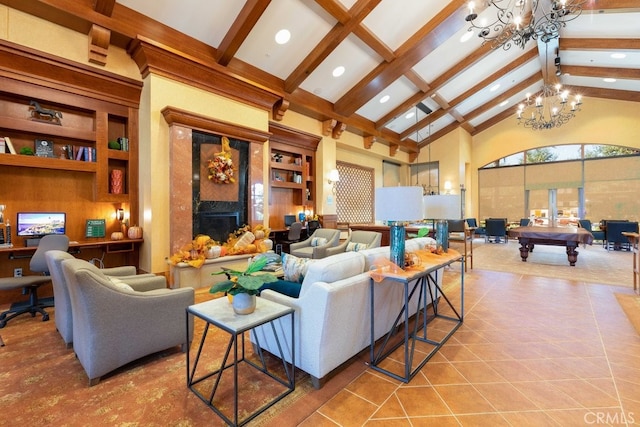 tiled living room with a notable chandelier, high vaulted ceiling, beamed ceiling, and a fireplace