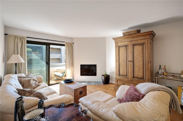 living room with a glass covered fireplace