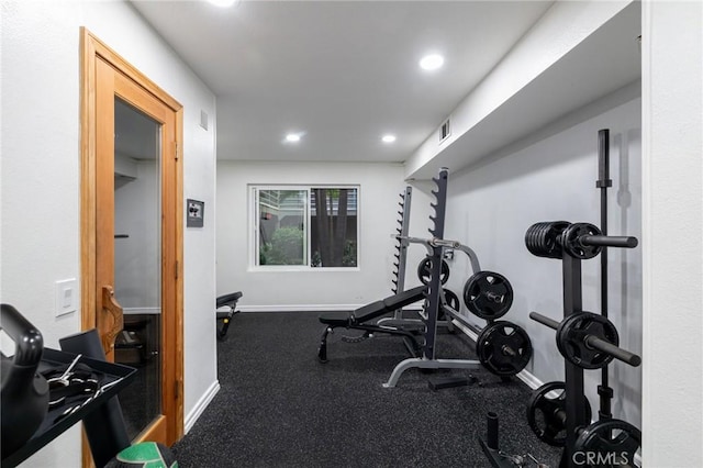 exercise area featuring visible vents, baseboards, and recessed lighting