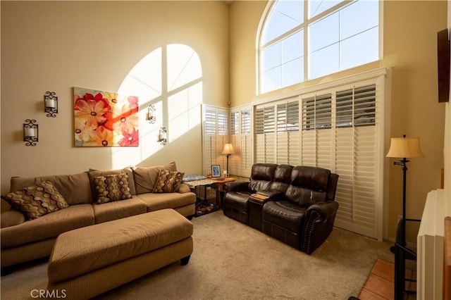 living room featuring carpet floors and a high ceiling