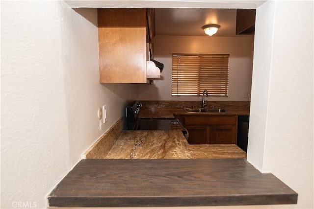 kitchen with dishwasher, dark countertops, a sink, and range