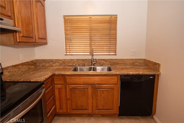 kitchen featuring under cabinet range hood, a sink, stainless steel range with electric cooktop, black dishwasher, and brown cabinetry